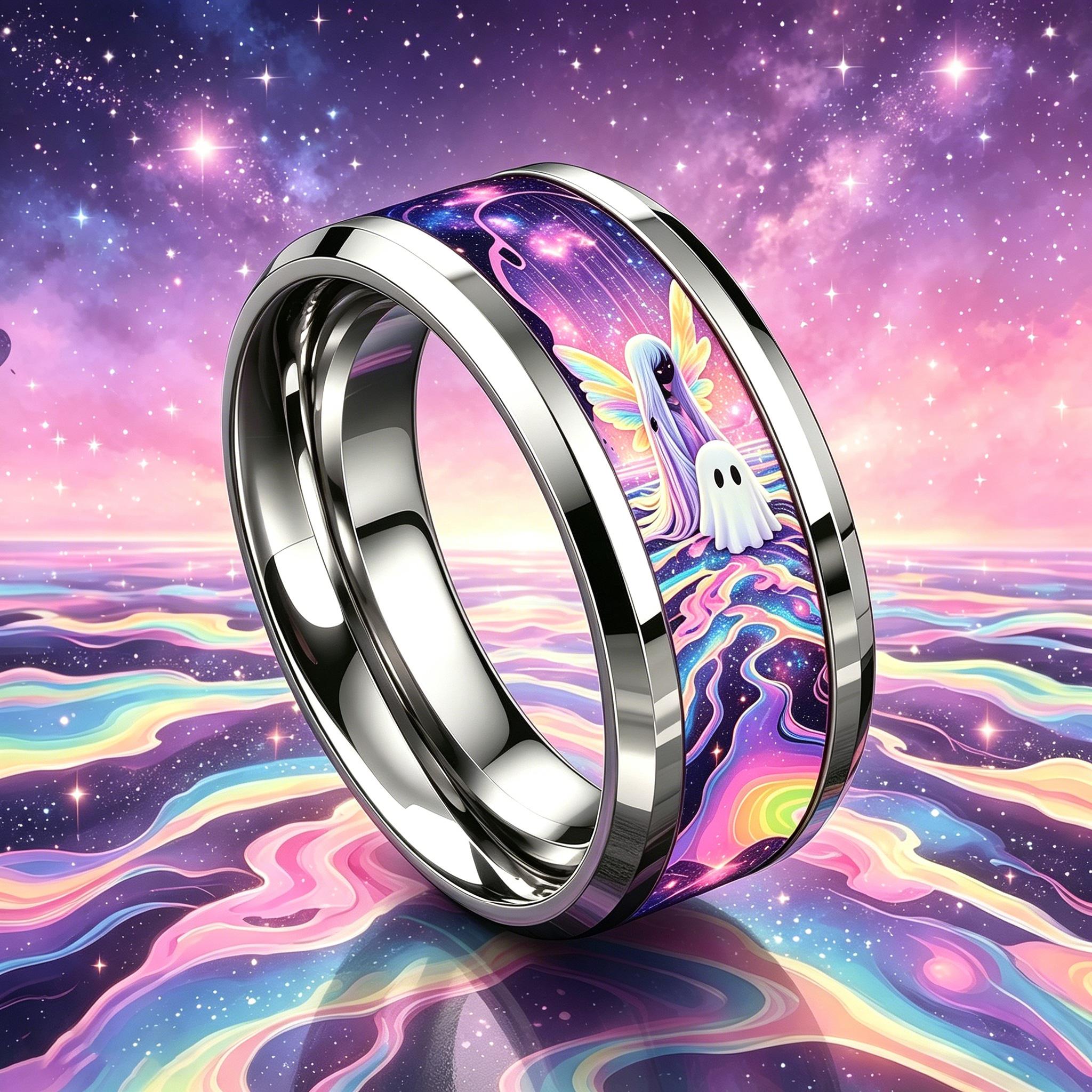 Starry Sky Iridescent Elf Print Stainless Steel Ring